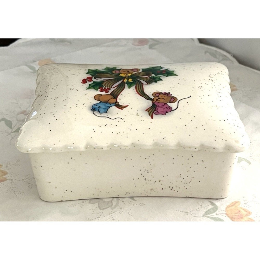 Vtg Christmas Covered Candy Dish w/Mice Glitter Handmade Kitsch Ceramic 1980's - Picture 9 of 12